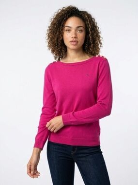 ✨ Tommy Hilfiger Fuchsia Pima Cotton Sweater M ✨ Gold Button Details